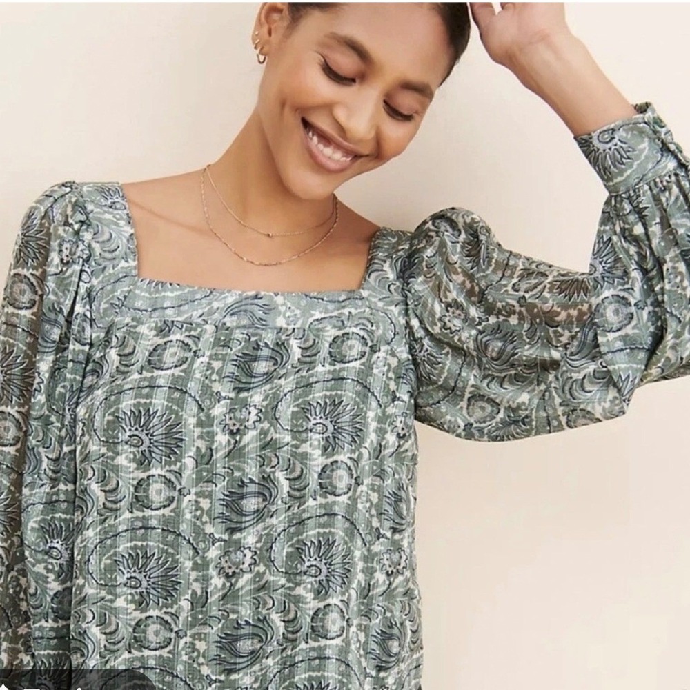 NEW Lucca Womens Small Blouse Green Paisley Long Sleeve Square Neck Office